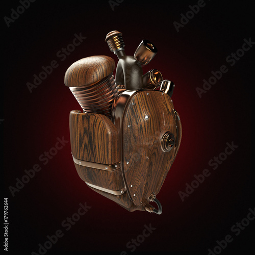 Steampunk mecha robot techno heart. engine with pipes, radiators and wooden hood parts.  isolated photo