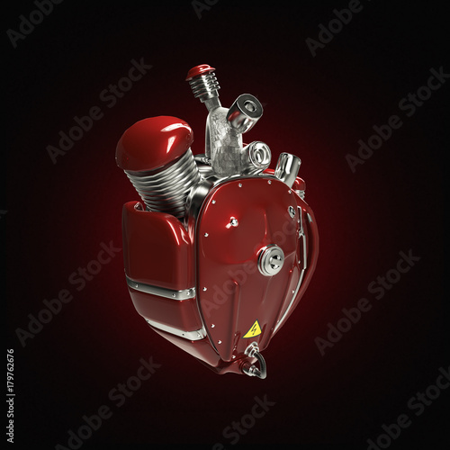 Diesel punk robot techno heart. engine with pipes, radiators and gloss red metal hood parts.  isolated photo