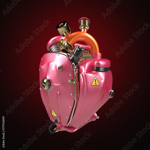 Diesel punk robot techno heart. engine with pipes, radiators and glossy pink metallic hood parts isolated photo