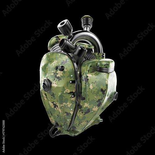 Diesel punk military robot techno heart. engine with pipes, radiators and camouflage metal hood parts.  isolated photo