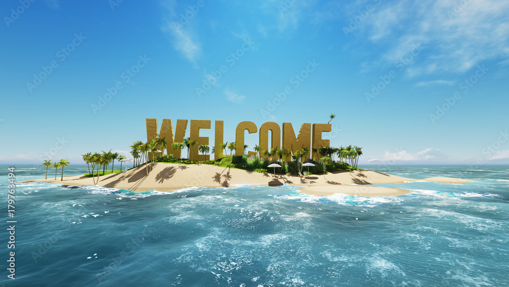 render word welcome made of sand on tropical paradise island with palm trees an sun tents. Summer vacation tour concept. - obrazy, fototapety, plakaty 
