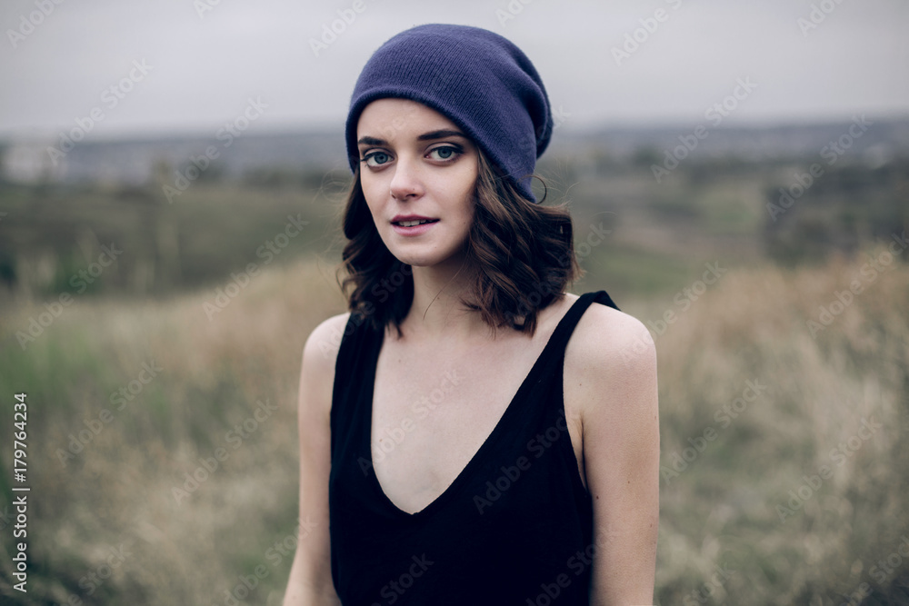 Portrait of romantic girl in a field autumn life Portrait of romantic girl in a field autumn life