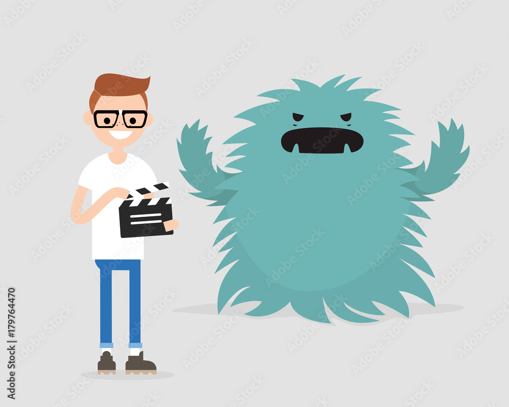 Film set. Horror movie. Big scary monster. Young character holding a retro clapper board. Entertainment industry / flat editable vector illustration, clip art Film set. Horror movie. Big scary monster. Young character holding a retro clapper board. Entertainment industry / flat editable vector illustration, clip art