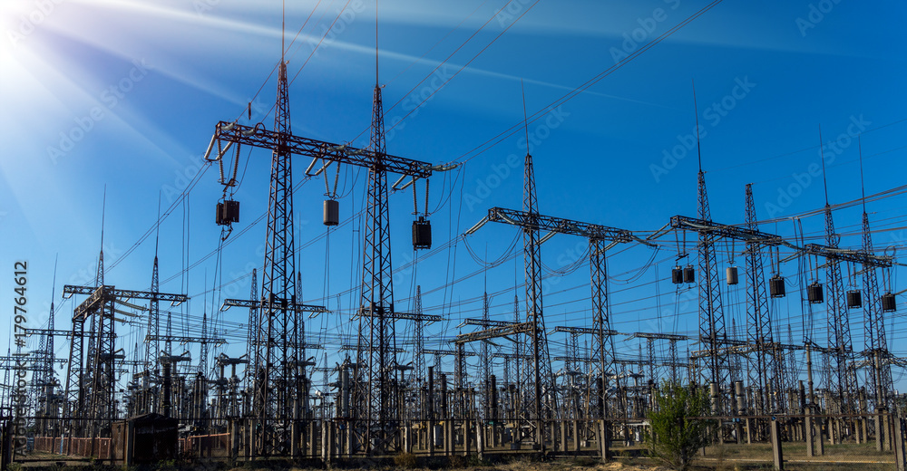 distribution electric substation with power lines and transformers ...