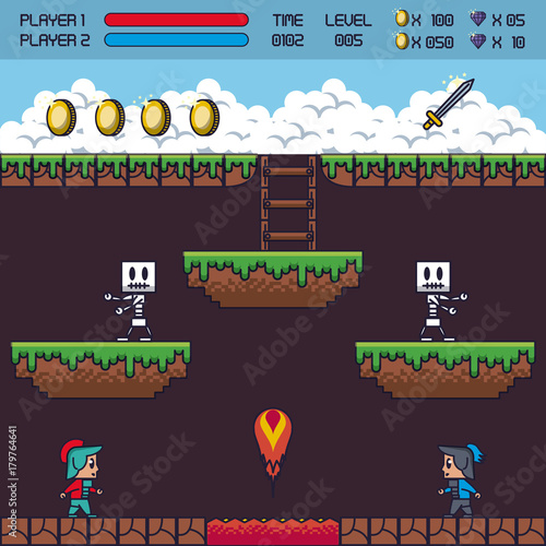 pixelated game scenery icons vector illustration graphic design