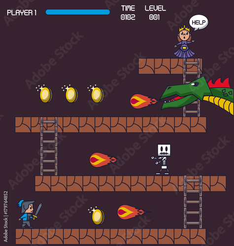pixelated game scenery icons vector illustration graphic design