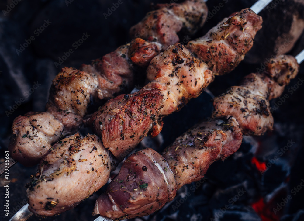 Grilled vegetable and meat skewers in a herb marinade on a grill pan, top view Grilled vegetable and meat skewers in a herb marinade on a grill pan, top view