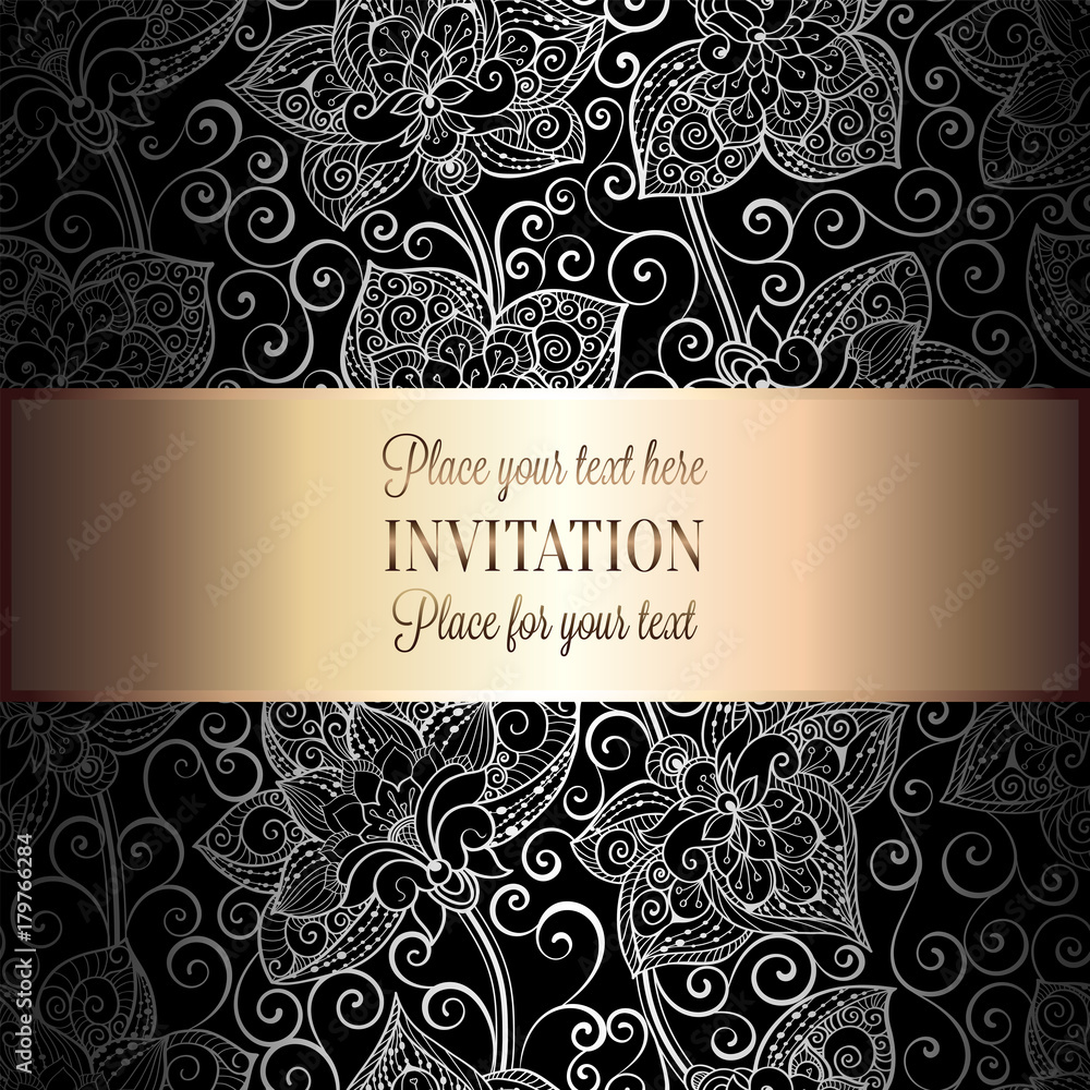 Victorian background with antique, luxury black and silver vintage frame, victorian banner, damask floral wallpaper ornaments, invitation card, baroque style booklet, fashion pattern, template