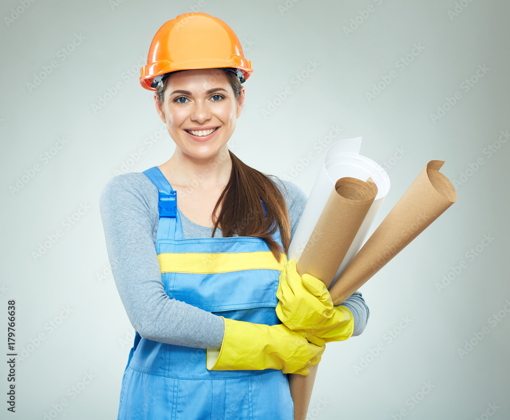 Woman egineer isolated portrait with paper plan. Woman egineer isolated portrait with paper plan.