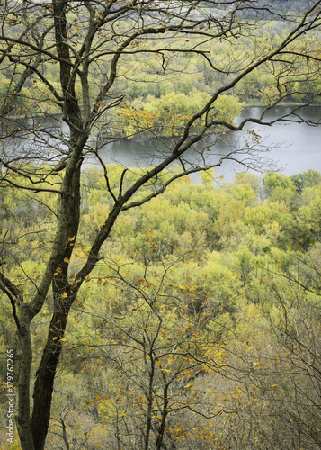 The Wisconsin River flows through a landscape of fall color just before it empties into the mighty Mississippi.  Wyalusing State Park  Wisconsin.