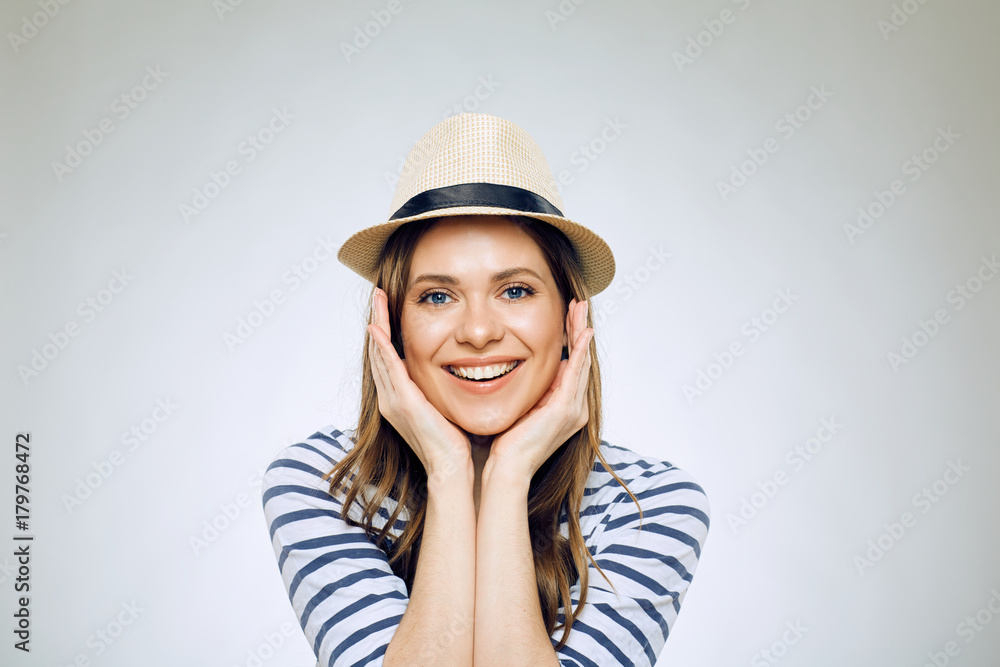 Smiling woman face portrait. Girl touching face. Smiling woman face portrait. Girl touching face.