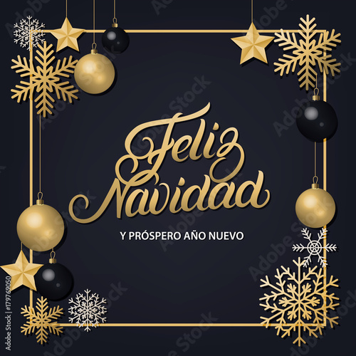 Feliz Navidad hand written lettering with golden decoration ornament.