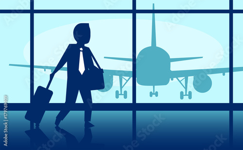 Illustration of a business man carrying a luggage at the airport