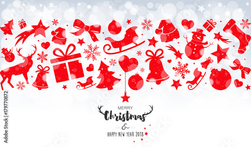 Christmas card with decorations on bokeh
