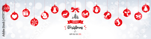 Christmas banner with hanging decorations on bokeh