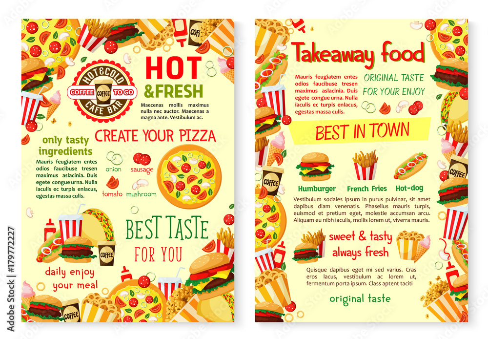 Fast food pizza burger takeaway vector menu poster