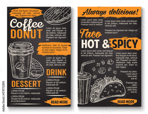 Fast food vector tacos donut coffee sketch menu