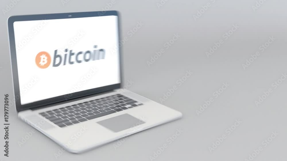 Opening and closing laptop with Bitcoin BTC logo on the screen. Cryptocurrency related clip, blank space for captions or infographics Opening and closing laptop with Bitcoin BTC logo on the screen. Cryptocurrency related clip, blank space for captions or infographics