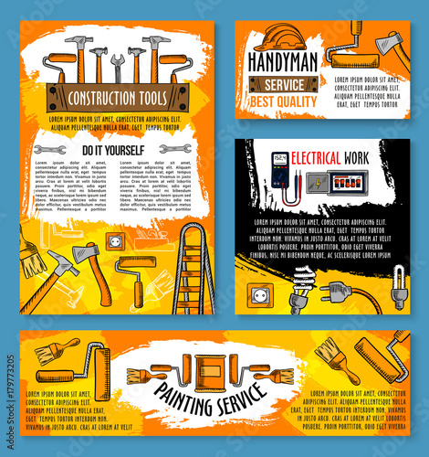 Vector home repair sketch work tools poster