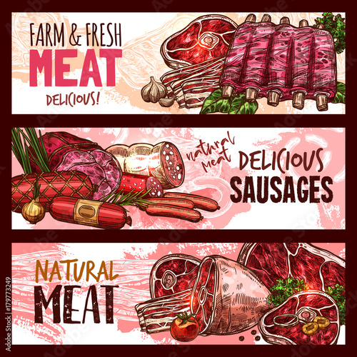 Vector sketch butchery shop meat product banners