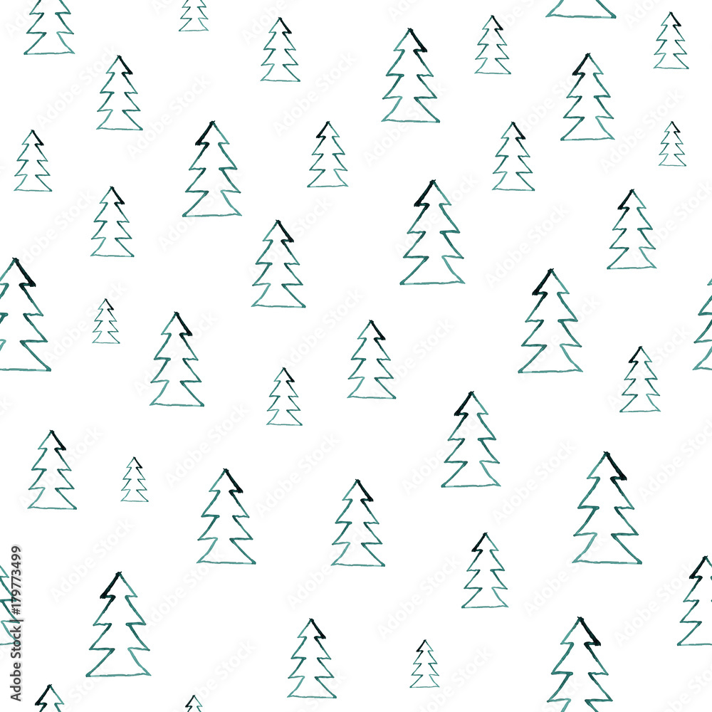Seamless watercolor forest pattern. Green trees on white background. Abstract watercolor illustration. Can be used for pattern fills, wallpapers,texture of fabric, surface textures.