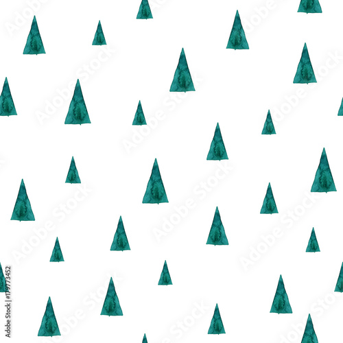 Seamless watercolor forest pattern. Green trees on white background. Abstract watercolor illustration. Can be used for pattern fills, wallpapers,texture of fabric, surface textures.