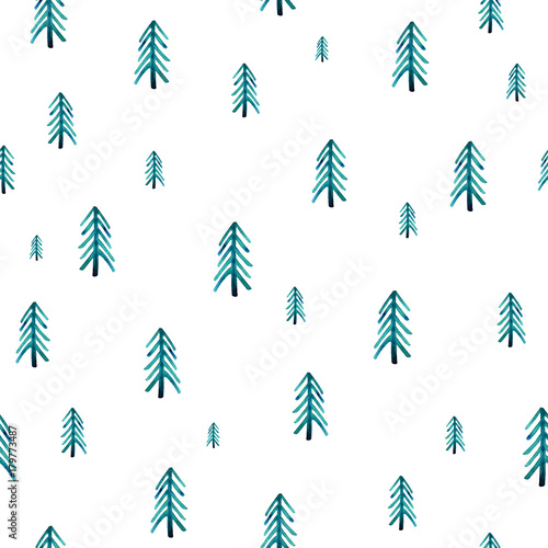Seamless watercolor forest pattern. Green trees on white background. Abstract watercolor illustration. Can be used for pattern fills, wallpapers,texture of fabric, surface textures.