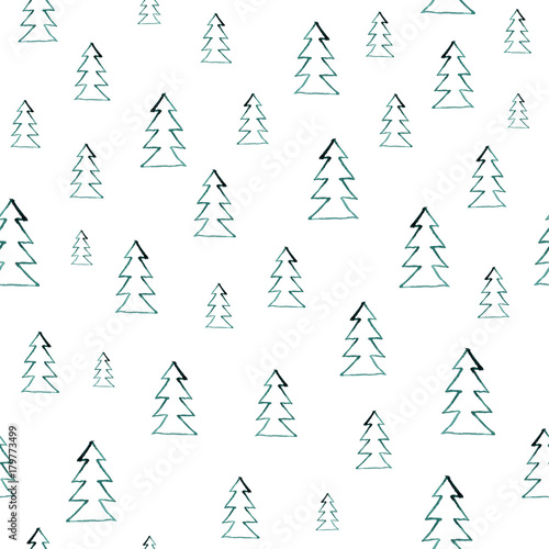 Seamless watercolor forest pattern. Green trees on white background. Abstract watercolor illustration. Can be used for pattern fills, wallpapers,texture of fabric, surface textures.