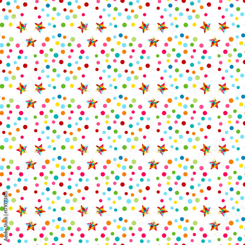 Vector carnaval seamless colorful pattern for kids birthday party. A Happy Birthday  Christmas or New Year Party decor. Kids festive background with confetti and stars.
