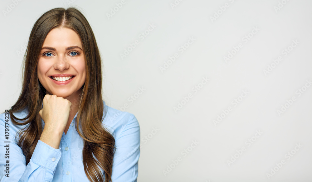 Portrait of smiling business woman holding hand near face. Portrait of smiling business woman holding hand near face.