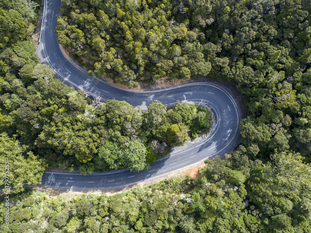 Aerial shot looking straight down of a winding two lane road through bush land.