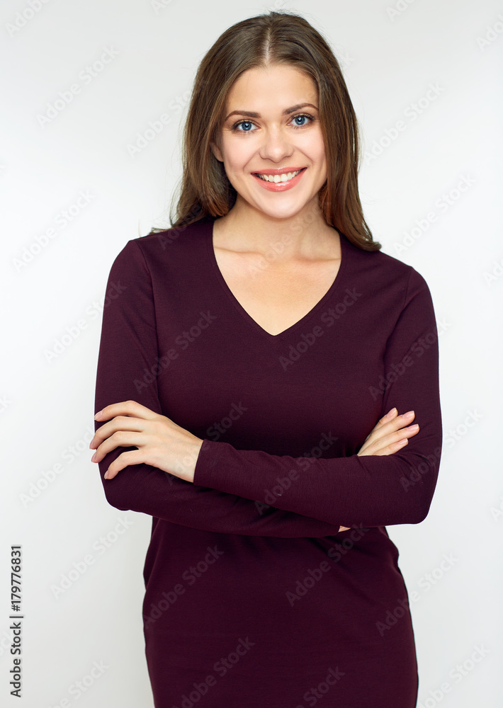Smiling woman wearing brown dress. Smiling woman wearing brown dress.