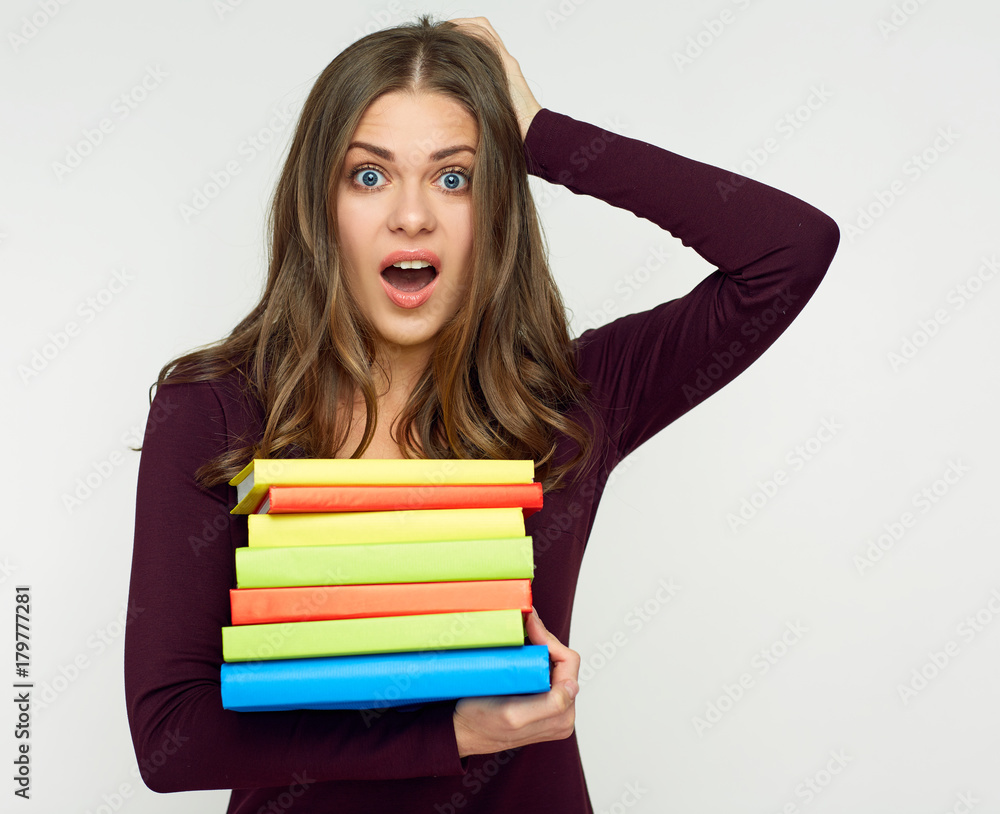 Student woman having troubles with exams. Student woman having troubles with exams.
