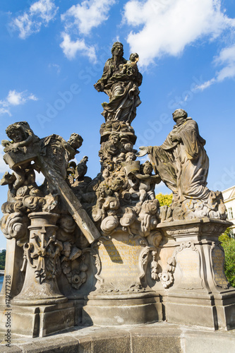 Charles Bridge statues in Prague. The Virgin with Saint Bernard by Matthias Wenzel Jackel. Part of UNESCO World Heritage Site