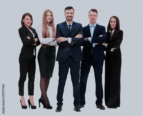 Happy business team smiling - isolated over a white background