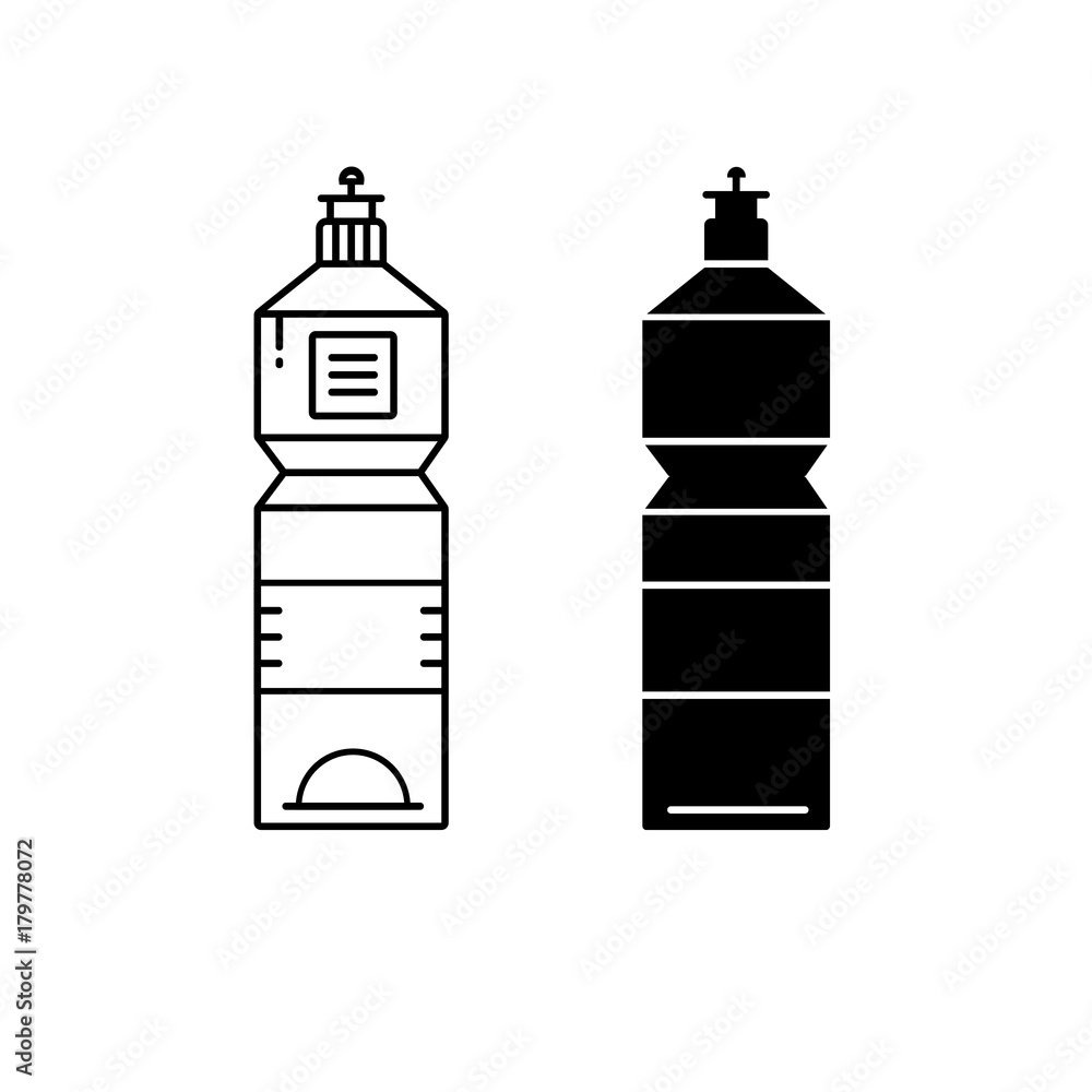 Bottle black silhouette and line icon for toilet, floor, bathroom detergent. Household cleaning liquid container. Bottle black silhouette and line icon for toilet, floor, bathroom detergent. Household cleaning liquid container.