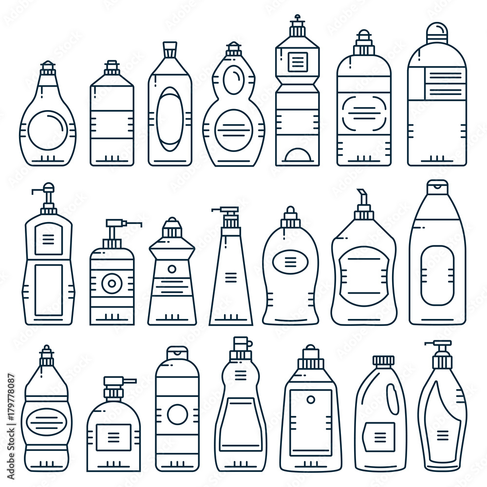Collection of line icons of cosmetic and household products: detergent container, liquid soap, shampoo, conditioner, lotion, shower gel. Outline vector illustrations of bottles. Collection of line icons of cosmetic and household products: detergent container, liquid soap, shampoo, conditioner, lotion, shower gel. Outline vector illustrations of bottles.