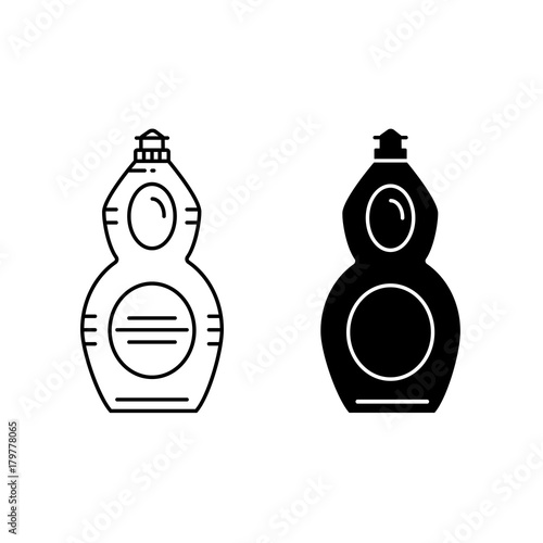Line icon and black silhouette of dishwashing liquid bottle. Vector illustration of detergent.