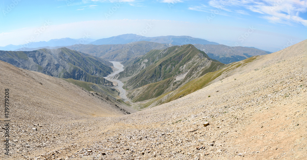 View down to Girdimanchay river valley from Mountain Babadag trail in Azerbaijan.