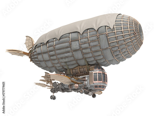 3d illustration of a fantasy airship in steampunk style on isolated white background