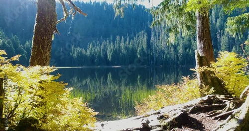 Reflective Mountain Lake Pond Reveal Sunny Bright Light photo