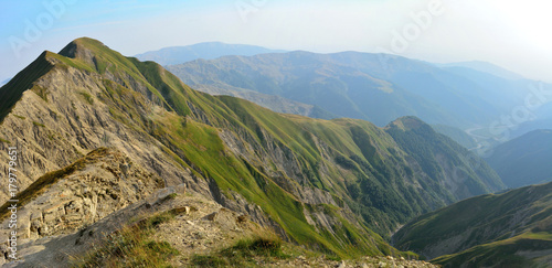 View of the Greater Caucasus mountains from Mountain Babadag trail in Azerbaijan. photo