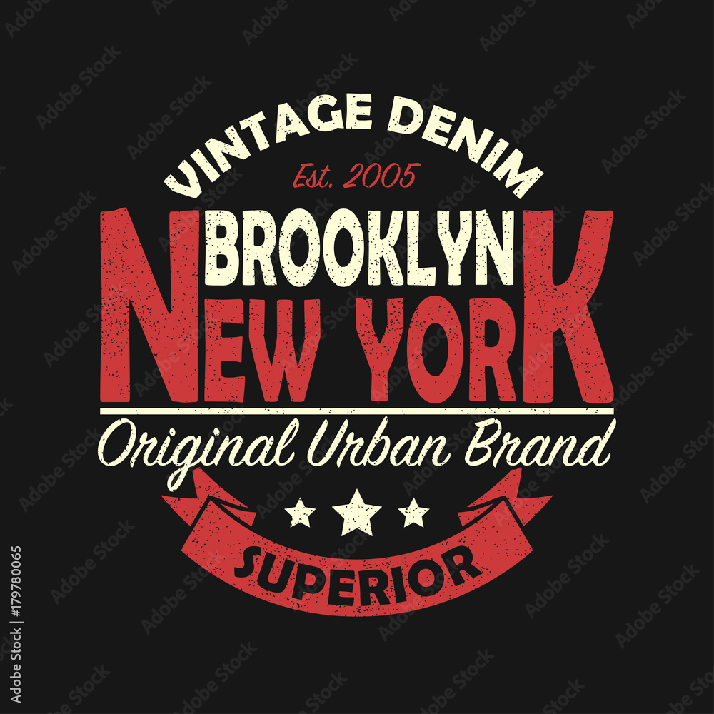 New York, Brooklyn vintage brand graphic for t-shirt. Original clothes design with grunge. Authentic apparel typography with ribbon. Retro sportswear print. Vector illustration.