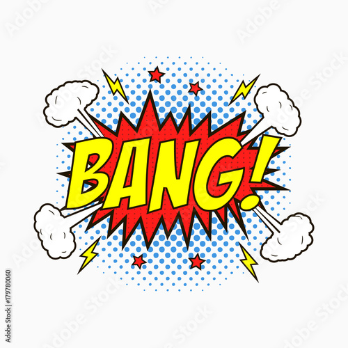 Comic speech bubbles with emotions - BANG! Cartoon sketch of dialog effects in pop art style on dots halftone background. Vector illustration.