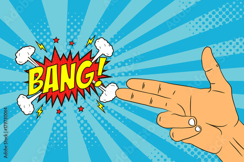 Male hand with two fingers - gun or pistol gesture and speech bubble - BANG! Comic illustration in pop art retro style at sunburst background with dot halftone effect. Vector.