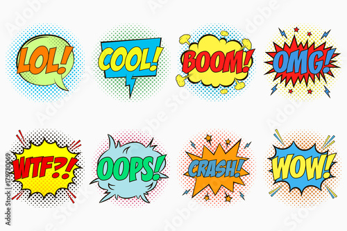 Comic speech bubbles set with emotions - LOL! COOL! BOOM! OMG! WTF?! OOPS! CRASH! WOW! Cartoon sketch of dialog effects in pop art style on dots halftone background. Vector illustration.