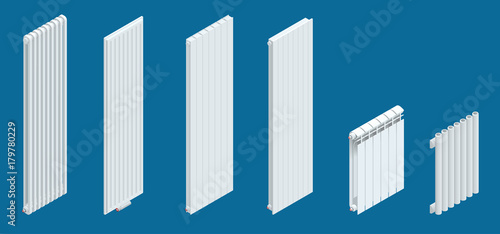 Isometric white vertical Heaters or Radiators. Home climate equipment icon with controls. Can be used for advertisement, infographics