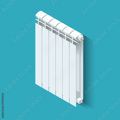 Isometric white Heating Radiator. Home climate equipment icon with controls. Can be used for advertisement, infographics