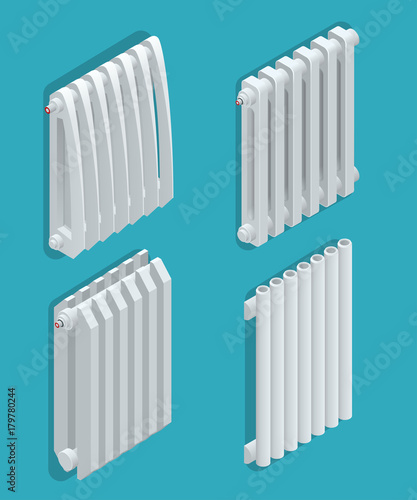 Isometric white Heating Radiator. Home climate equipment icon with controls. Can be used for advertisement, infographics