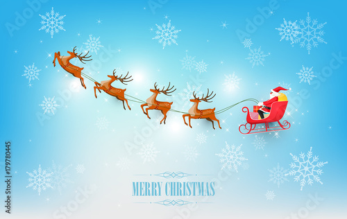Merry Christmas and Happy New Year, Santa Claus drives sleigh with reindeer on snowflake, flat cartoon style, vector illustration